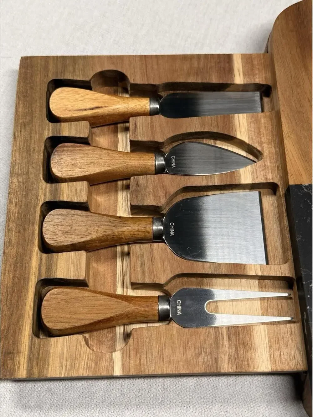 Puppy Bowl Black Marble And Wood‎ Charcuterie Cheese Board Set 4 Piece Utensils